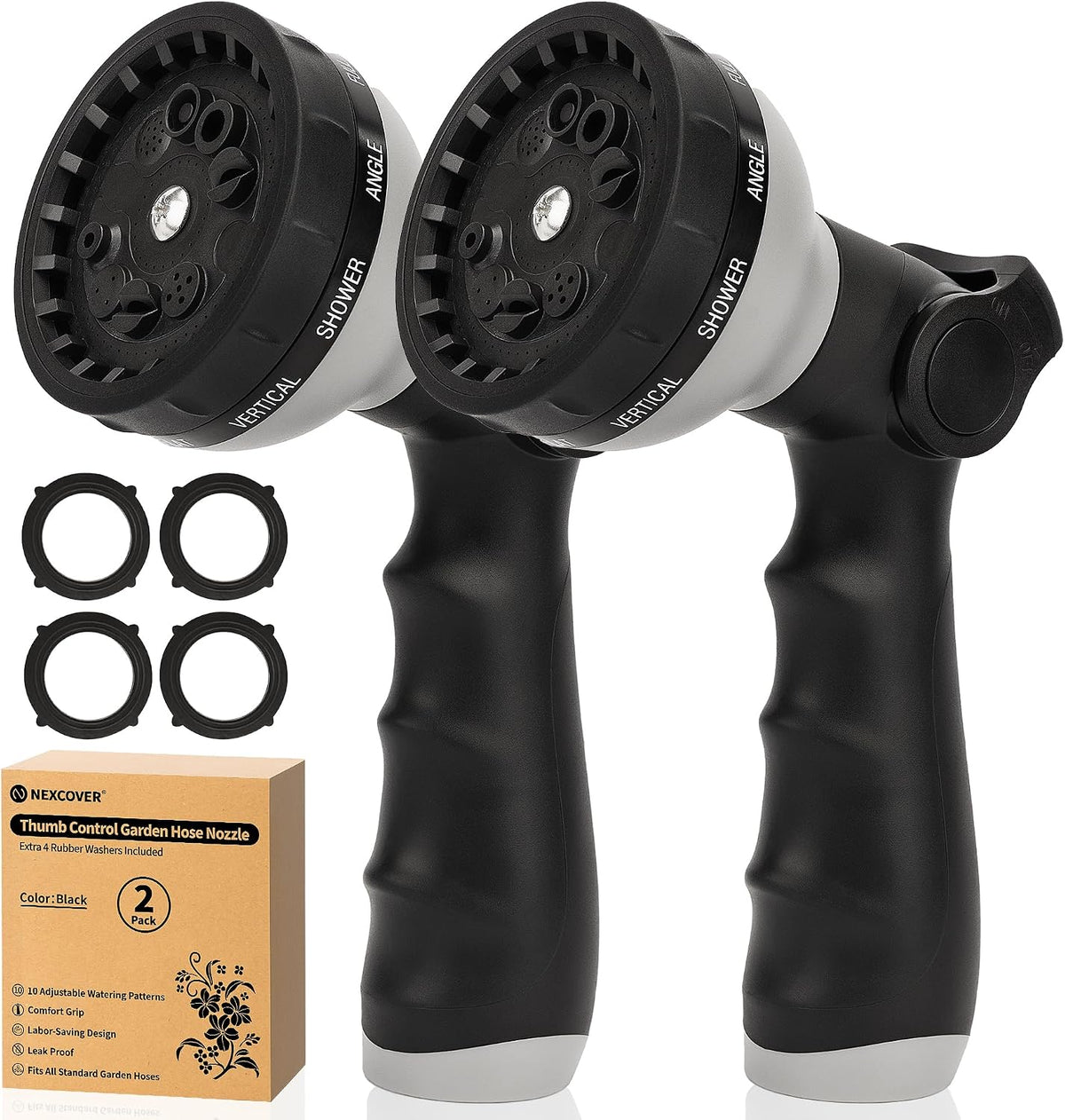 NEXCOVER Thumb Control Garden Hose Nozzle 2 Pack, 10 Patterns Sprayer,Black