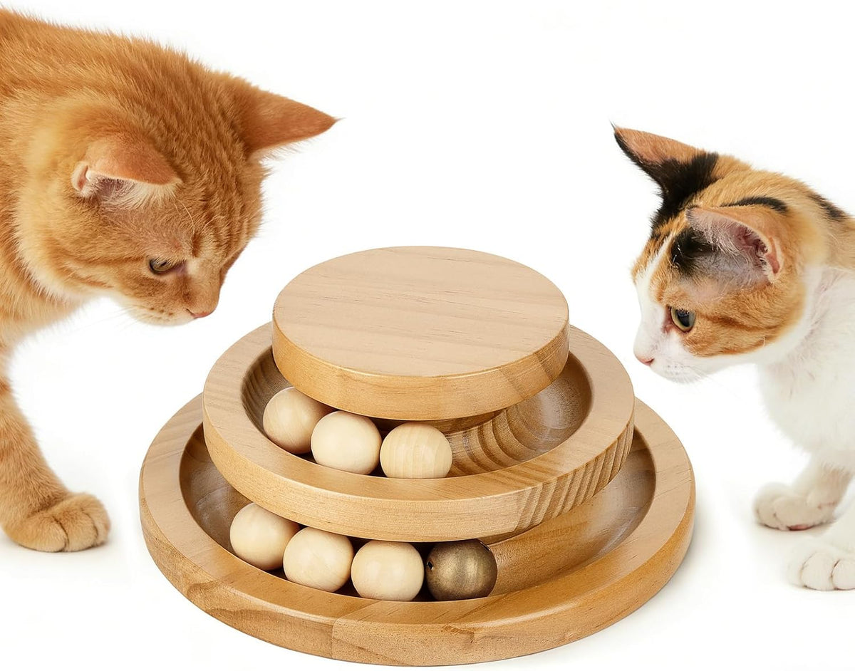 Cat Ball Track Toy for Cats, 3-Level Wooden Tower with 7 Spinning Balls, Interactive Indoor Play for Kittens Mental & Physical Exercise