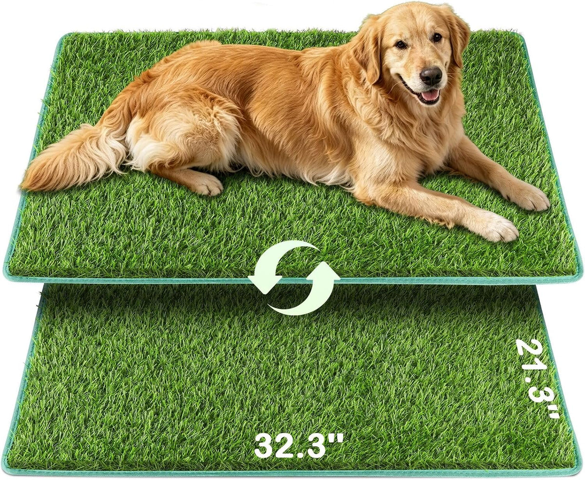 Artificial Grass for Dogs Potty Training, 2 Pack Dog Grass Pad 32.3X21.3In, Fake Grass Mat for Dogs Potty Tray with Hemmed Edge, Odorless Faster Drainage Quickly Drying Easy Clean, Indoor Outdoor Use