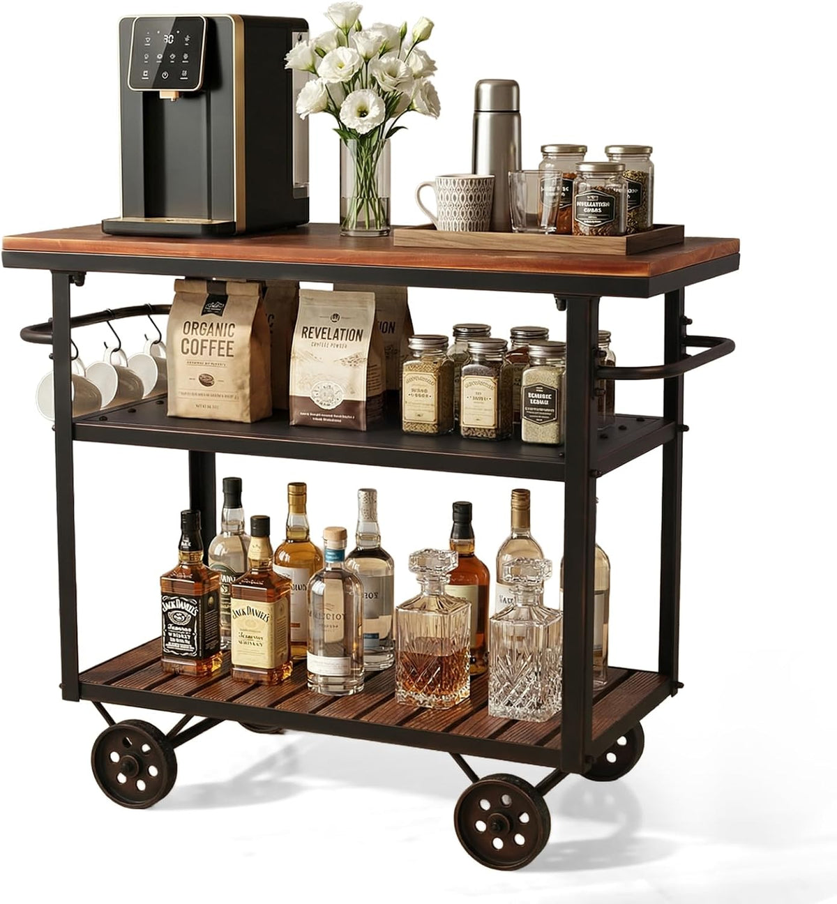 Farmhouse Mobile Cart with Wheels for Home Kitchen Industrial Rolling Food Cart Outdoor Vintage Wood and Metal Design Utility Cart in Office Coffee House 3 Tier with 2 Side Handle
