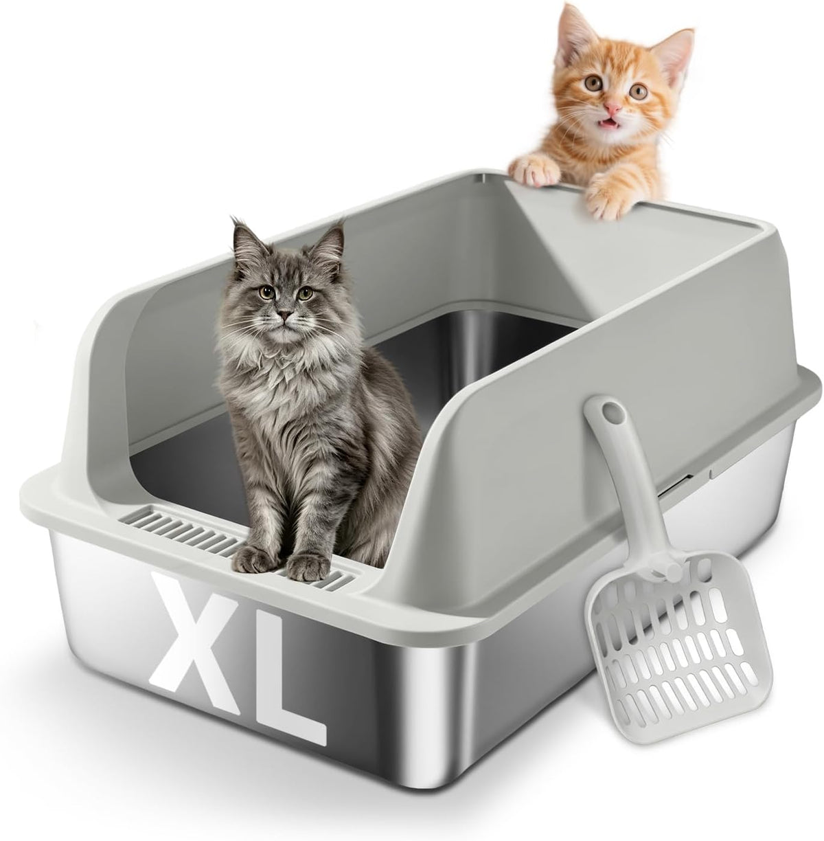 Stainless Steel Cat Litter Box - High Side Pan with Anti-Tracking Step,Rolled Edge & Leak-Proof Base,Cover,Scoop,Anti-Slip Pads,Easy Clean Toilet for Senior Large Indoor Cat Gray