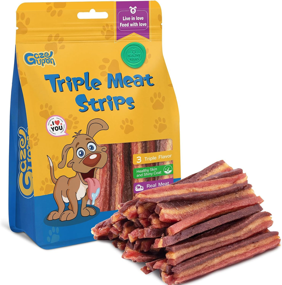 Gazeupon Soft Dog Jerky Treats for Large Dogs, Triple Flavored Meat Strips