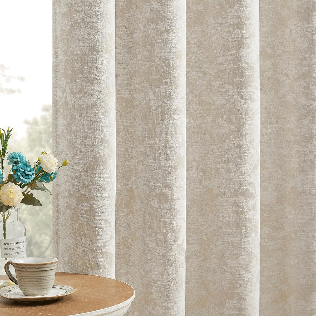 Beauoop Beige Floral Jacquard Blackout Curtains for Bedroom 52X84 2 Panels