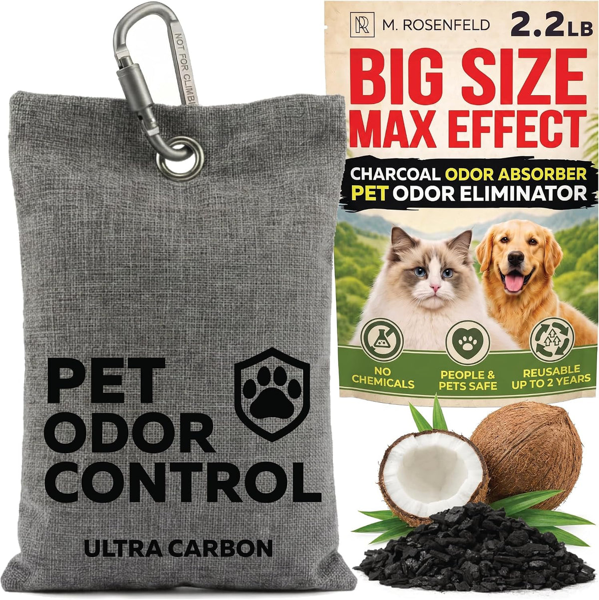 Cat Litter Deodorizer & Pet Odor Eliminator for Home, Car, Strong Odors - Large Natural Air Purifying Bag for Kitty Litter Box, Dog & Cat Smell - 2.2LB (1Kg) Activated Coconut Charcoal Odor Absorber