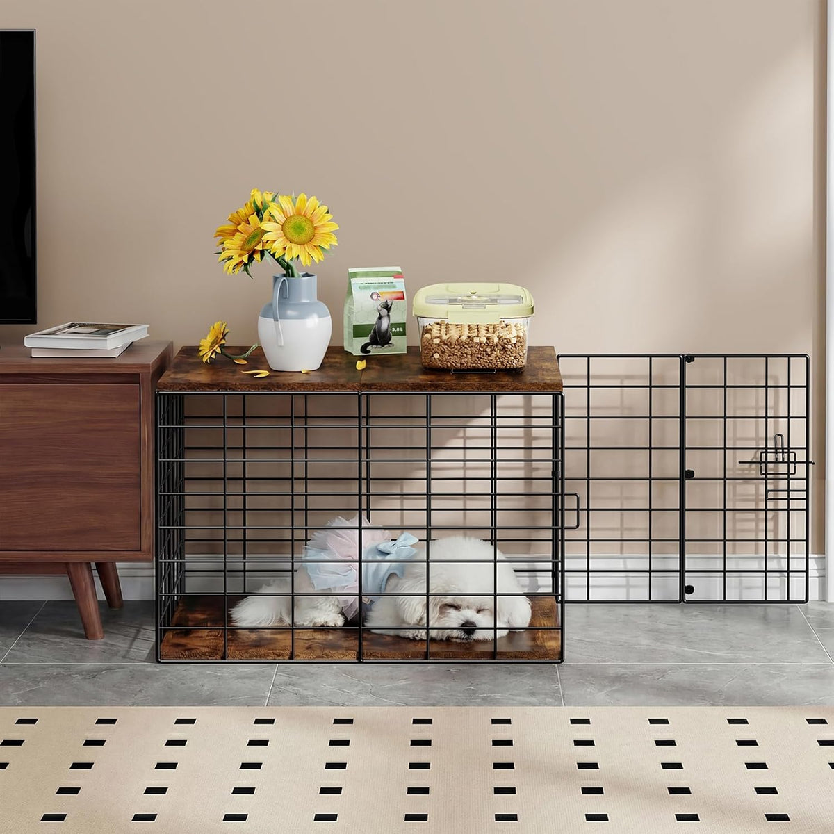 24 Inch Small Dog Crate Furniture - All-Season Indoor Dog Kennel with Wooden Top & Thickened Metal Wire, Cage for Small Dogs & Puppies under 20 Lbs. Fits Living Room, Bedroom, Hallway.