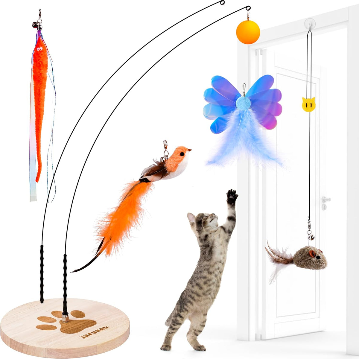 JXFUKAL Interactive Cat Toy, Automatic Cat Wand Toy with Stable Wooden Base, 2 PCS Detachable Cat Teaser, 5PCS Refills Replacement & Hanging Elastic String, Kitty Kitten Toys Feather Spring Bird Toy