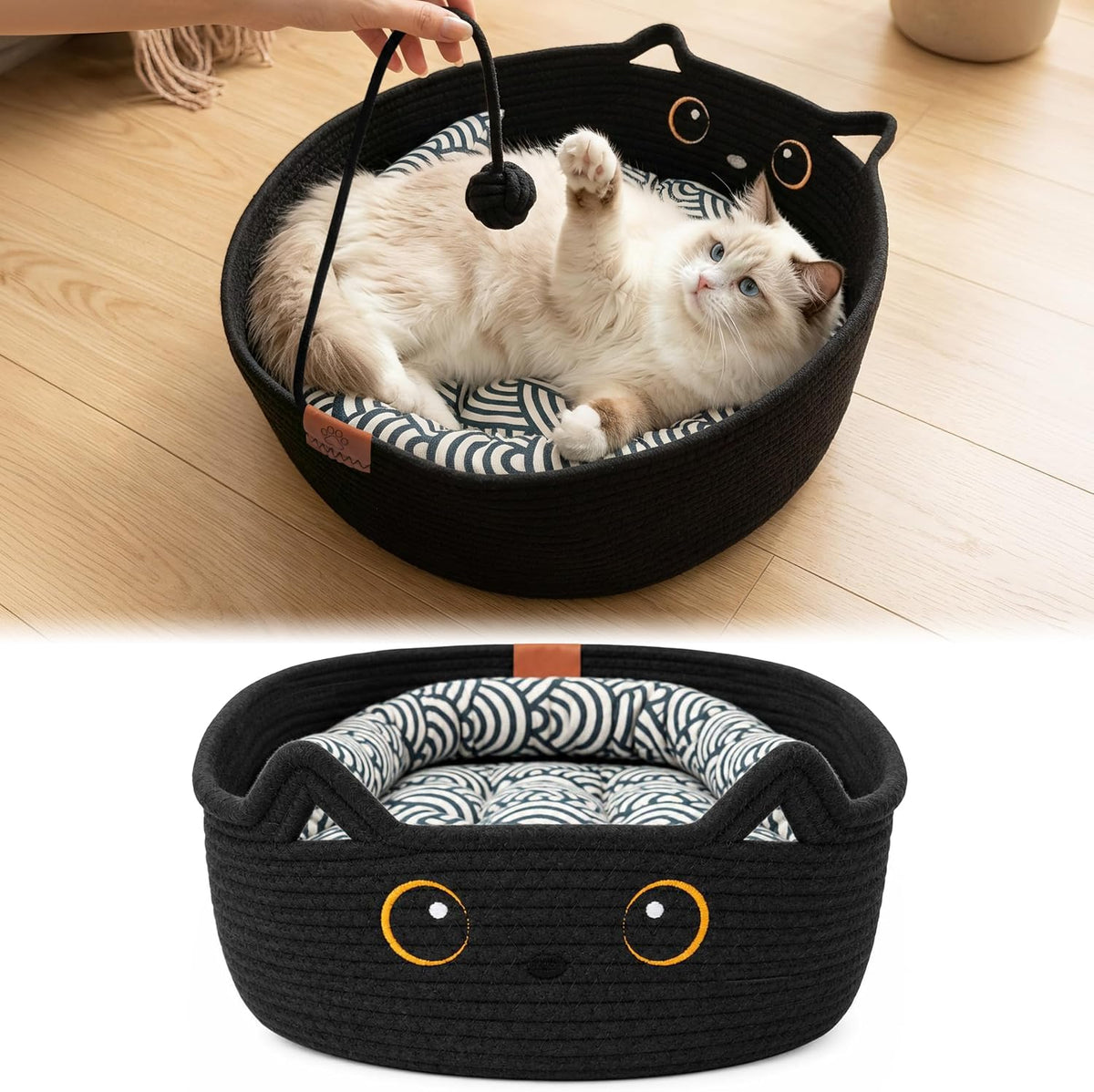 Instinct Basket for Cats, Cotton Rope Scratch Bed with Cushion and Pillow