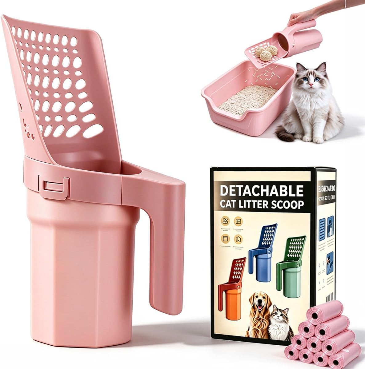 Pink Cat Litter Scooper with Holder,Cat Litter Shovel with Bags &Waste Can
