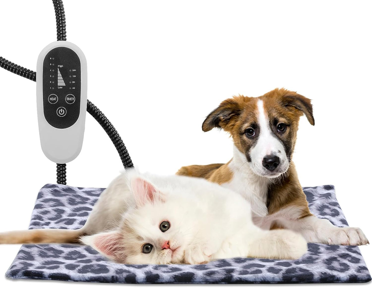 Tikaton MET Certified Pet Heating Pad, 2025 New Upgrade Heated Cat Bed Indoor with Auto Shut off Timer, 6 Temperature Adjustable Pet Heating Pads (L: 35" X 24", Blackleopard)
