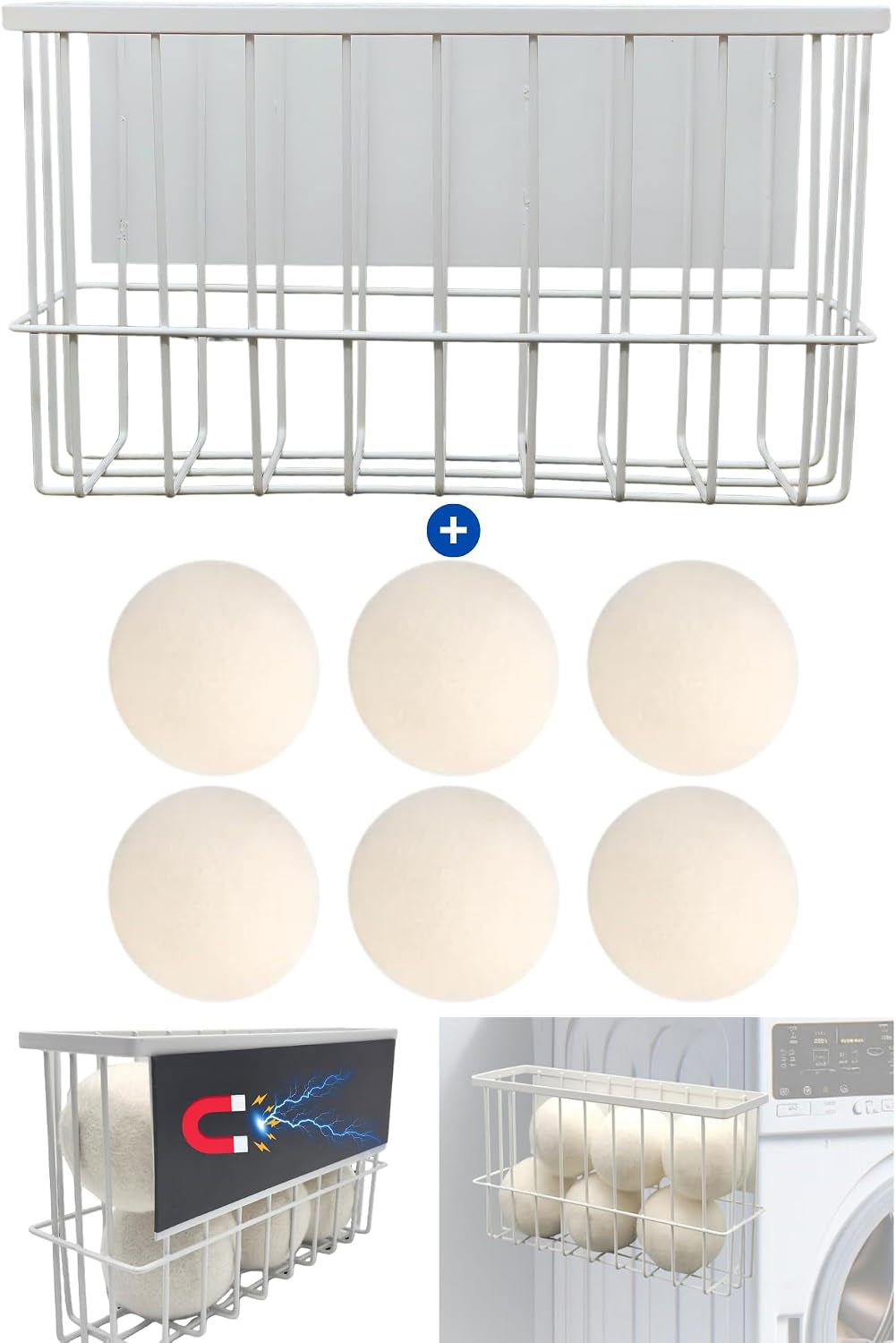 6 XL Wool Dryer Balls with Magnetic Dryer Ball Holder for Laundry Storage