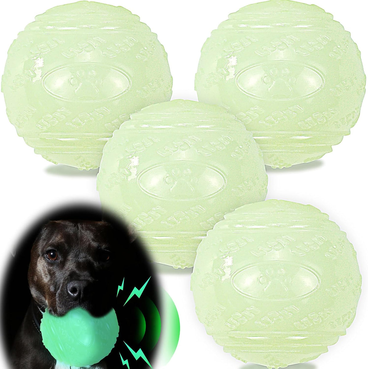 LECHONG 4-Pack 3.5” Glow Squeaky Dog Balls,Bouncy Glow in the Dark Dog Ball with Squeaker, Durable Dog Rubber Ball Toys Glowing Fetch Balls for Medium Large Dogs Nighttime Playing Indoors & Outdoors
