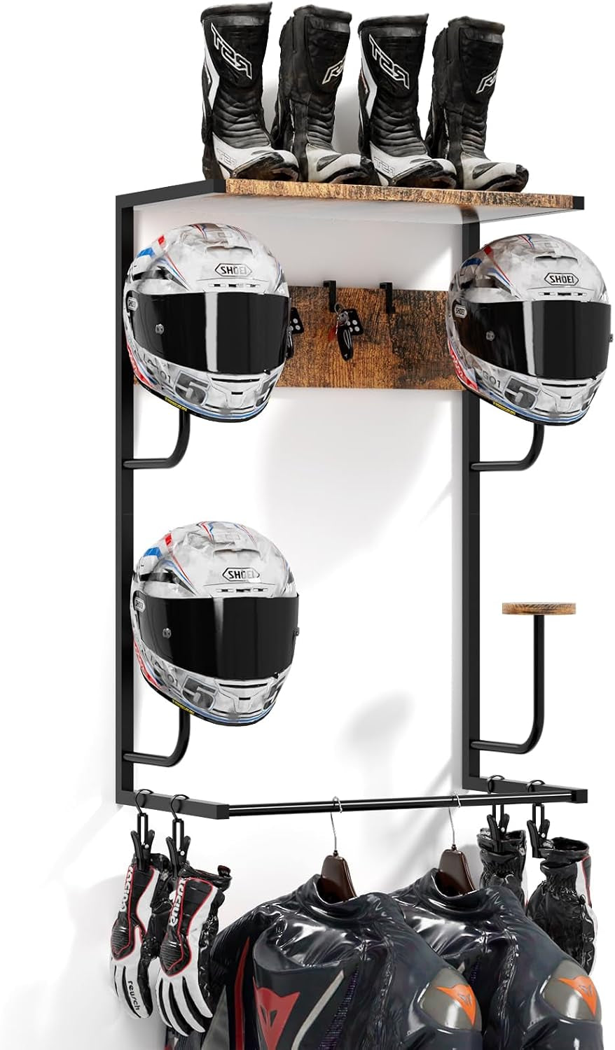 Motorcycle Helmet Holder Wall-Mounted Helmet Rack with 4 Glove Chips& Hooks - Rustic Bike Helmets Storage Organizer, Universal Wall Mount for Helmets, Gear, Clothes, Accessories,Retro