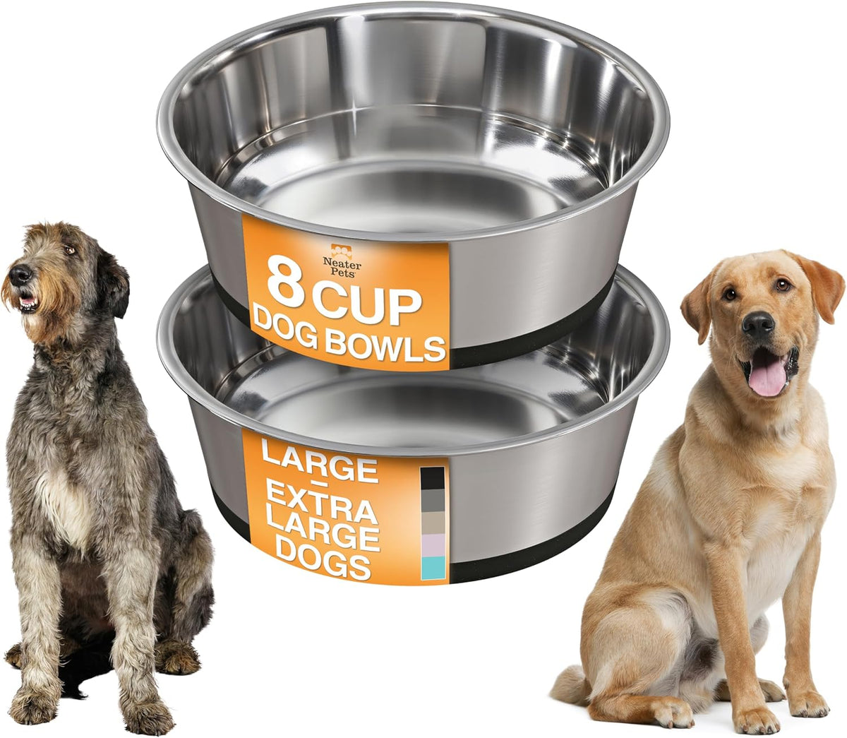 Neater Pet Brands Stainless Steel Dog Bowls with Non-Slip Rubber Bottom – Set of 2, 8 Cup (64 Oz), Black - Heavy Duty Metal Dog Bowl, Dishwasher Safe, Food or Water Bowl, Ideal for Large Dogs