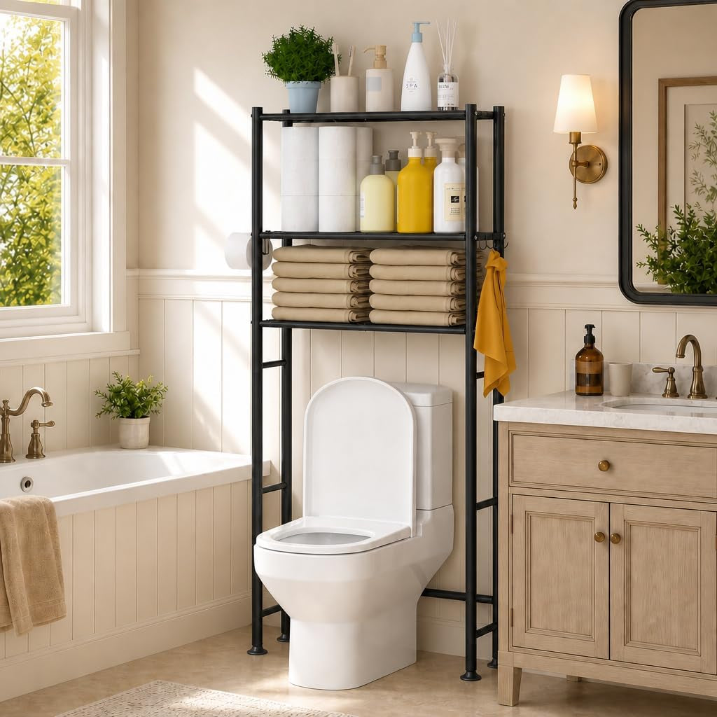 3-Tier over the Toilet Storage Cabinet with Paper Holder and 4 Hooks, Metal over Toilet Bathroom Organizer and Storage Shelf, Bathroom Shelves for Living Room/Laundry/Balcony(Black)