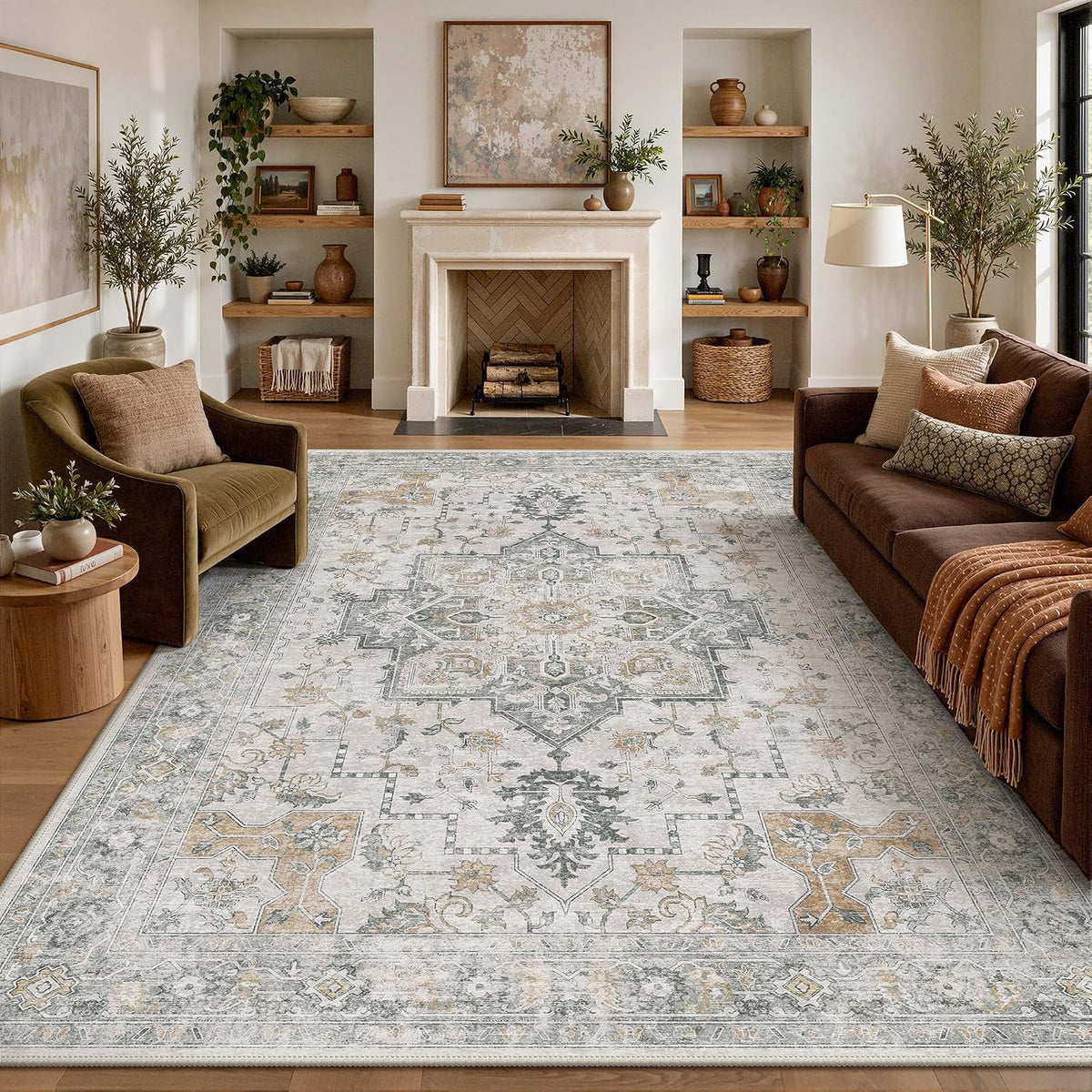 GENIMO 5X7 Washable Area Rugs for Living Room, Non Slip, Light Taupe Brown