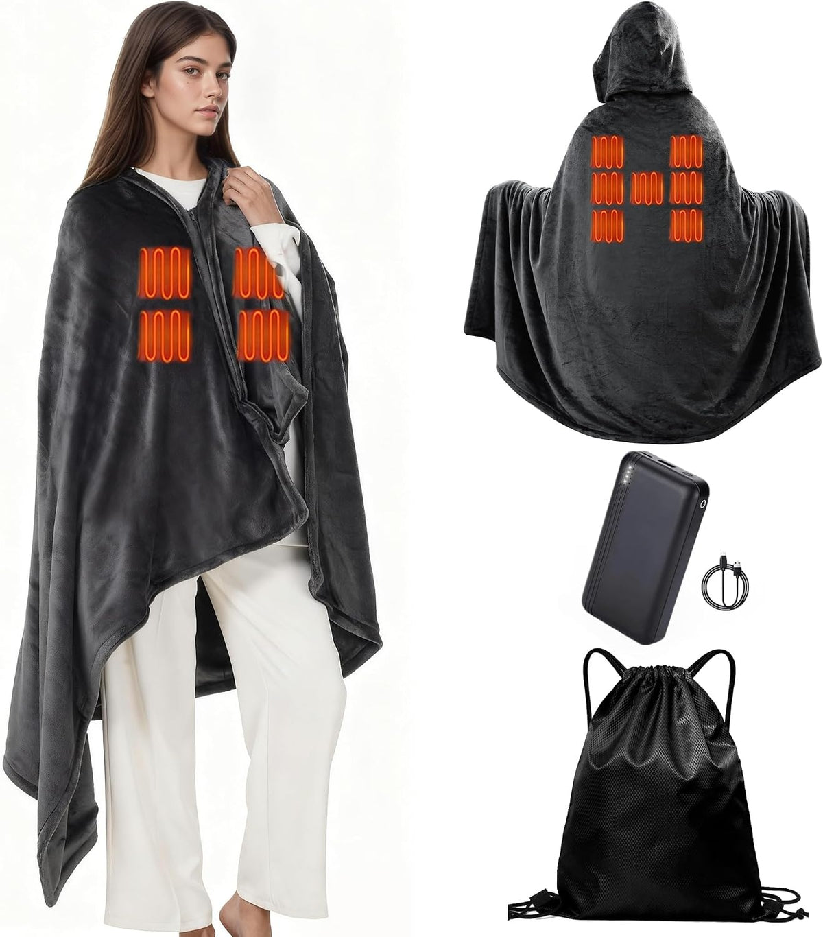 Large Cordless Heated Blanket Shawl, 71"ร43" with Power Bank