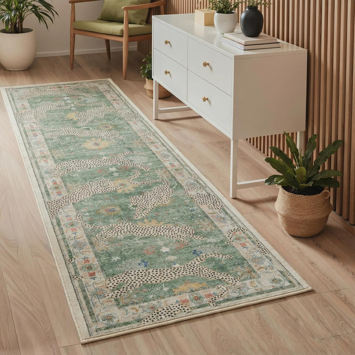 Bavni Leopard Print Runner Rug 2X6, Sage Machine Washable Animal Runner