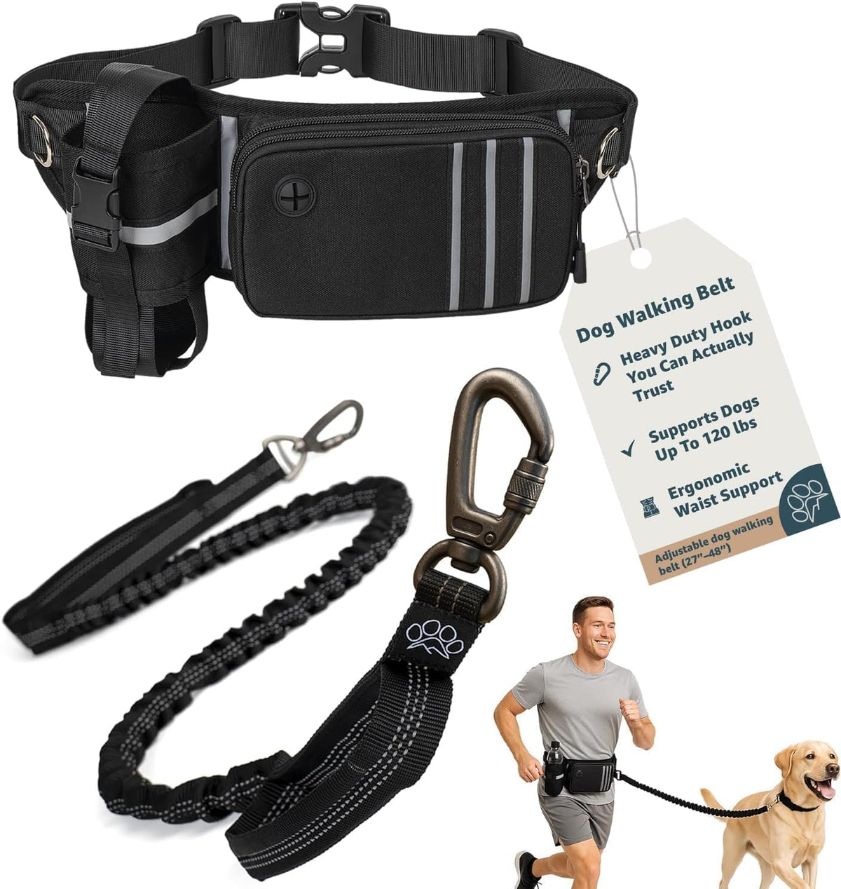 Hands Free Dog Leash with Waist Belt for Running & Walking Bungee Shock Absorber, Auto-Lock Carabiner, Reflective | Fits All Dog Sizes