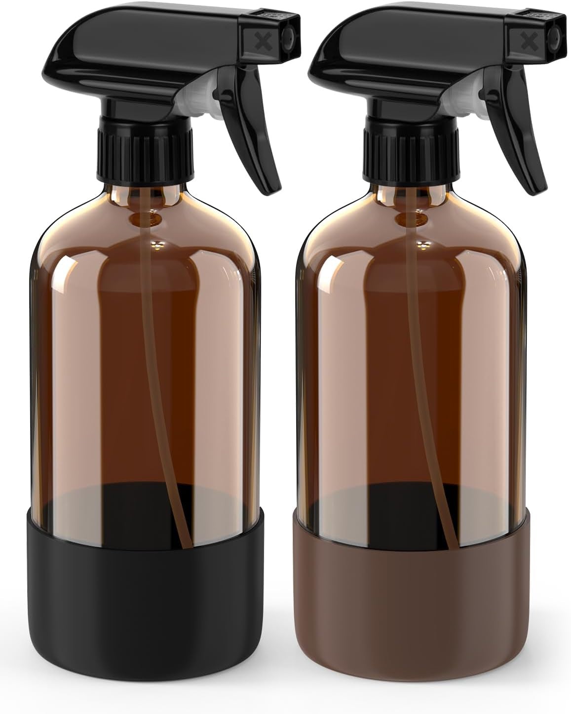 Bontip Glass Spray Bottle with Silicone Sleeve Protection, Amber Glass Spray Bottle Set for Window Cleaner Aromatherapy Facial Hydration Watering Flowers Hair Care 2 Pack/16 Oz (Black & Brown)