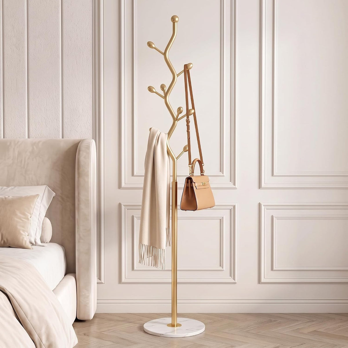 Gold Freestanding Coat Rack & Tree Marble Base 9 Hooks