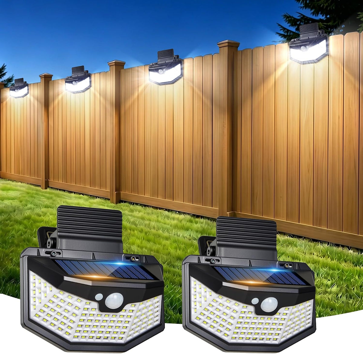 800LM Clip on Solar Lights Outdoor, 270° Wide Angle Motion Sensor Outdoor Lights with 115 Leds & 3 Modes, IP65 Waterproof Solar Fence Lights Outdoor for Deck, Gutter, Patio, Backyard, Railing 2Pack