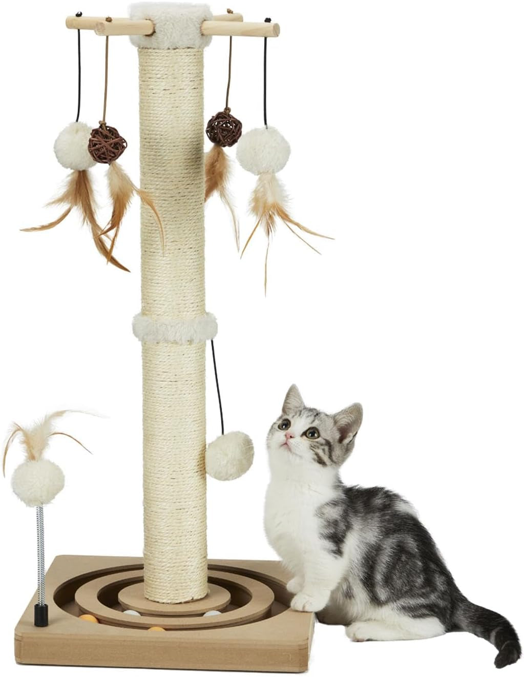 PEEKAB Cat Scratching Post Sisal Scratch Posts for Indoor Cats and Kittens,With Tracking Ball Interactive Toys and Hanging Balls 25 Inches Beige