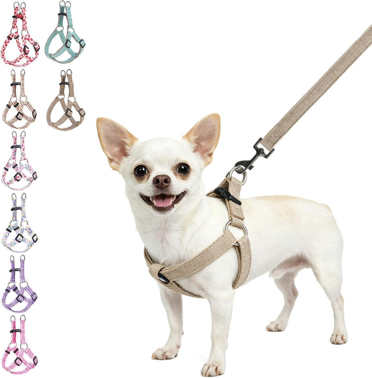 No Pull Linen Dog Harness and Leash Set - Adjustable Step-In Puppy Harness for Small Medium Large Dogs, Escape Proof Soft Vest with Double D Ring for Walking Running Training,Khaki S