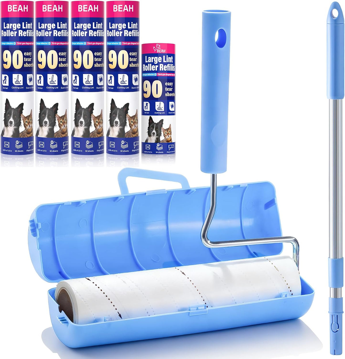 Lint Roller for Pet Hair Extra Sticky,10 Years Lifespan,9.45''/6.3" Pet Hair Removal Tool Roller for Pet Dog Cat Hair (1 Roller+4 Long Rolls 1 Short Roll)