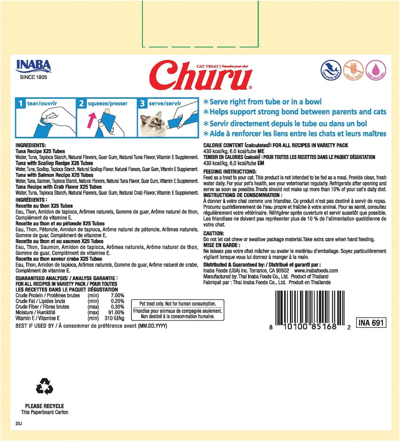 INABA Churu Cat Treats, Lickable, Squeezable Creamy Purée with Vitamin E, 0.5 Ounces per Tube, 100 Tubes Total, Tuna Variety
