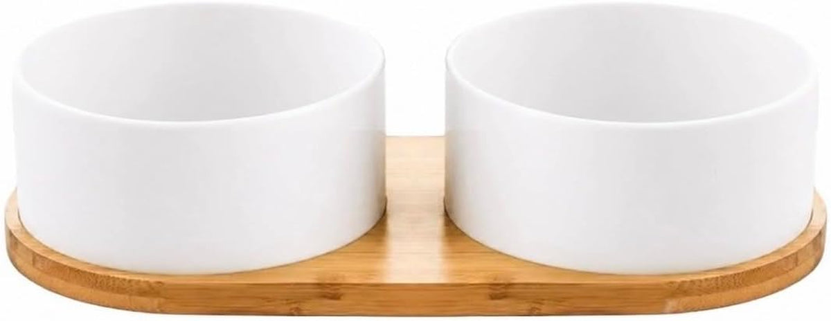 Ceramic Small Dog and Cat Bowls-Set of 2 Pet Dishes with Non-Slip Wood Tray