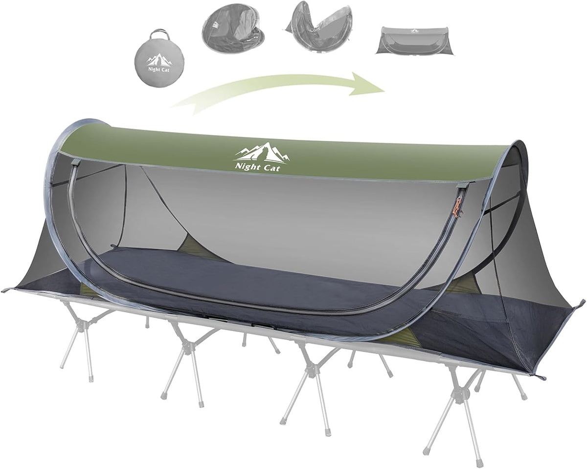 Night Cat Pop-Up Mosquito Tent: 1 Person Camping Tent with Bug Screen Net Easy Set-Up Tent Fits for Camping Cot (Excluded)