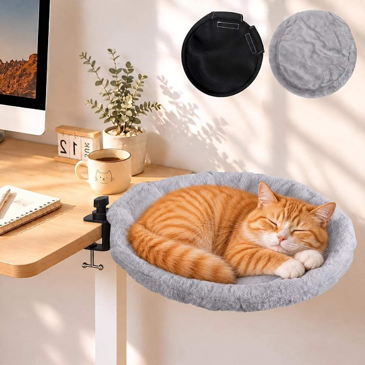 Cat Desk Bed with 2 Covers, Clamp-On Cat Hammock for Desk
