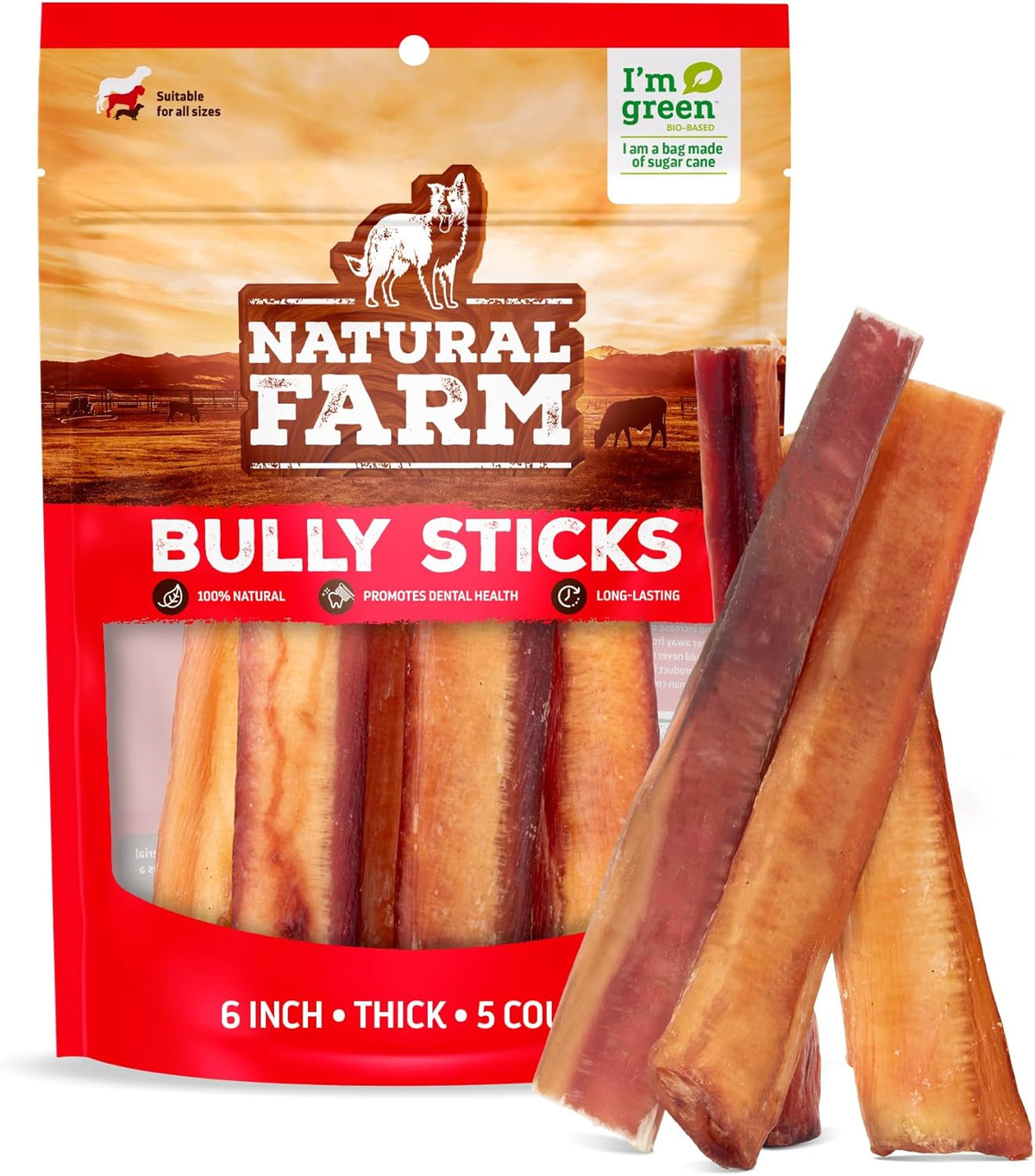 Natural Farm Odor-Free Thick Bully Sticks (6”, 5-Pack) All-Natural Long-Lasting Dog Chews, 100% Beef Pizzle, Grass-Fed, Grain-Free, Protein for Muscle Development & Energy, Perfect for Medium Chewers
