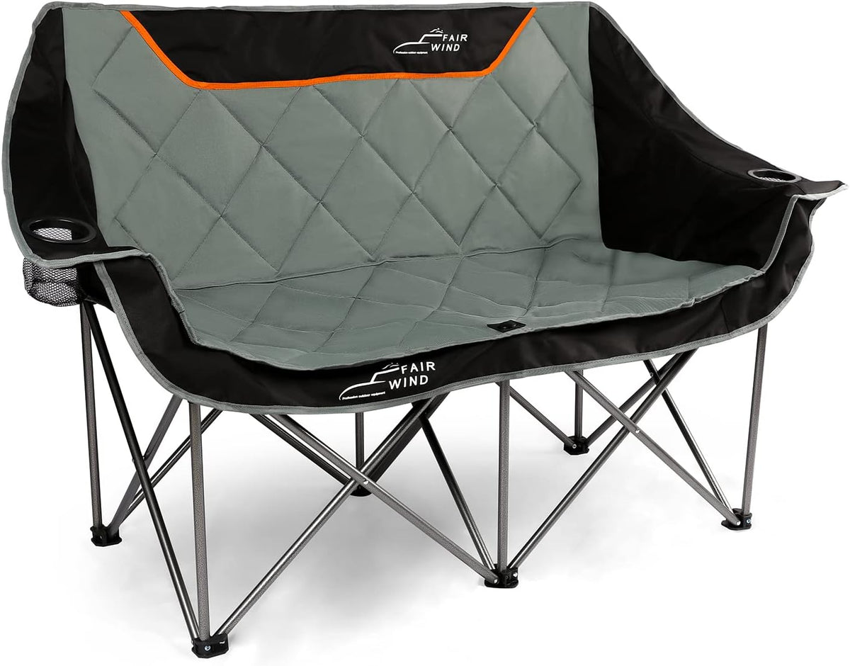 FAIR WIND Oversized Fully Padded Camping Chair Folding Loveseat Camping Couch Double Duo Chair Heavy Duty Quad Fold Arm Chair with Cup Hold - Supports 650 LBS - Black