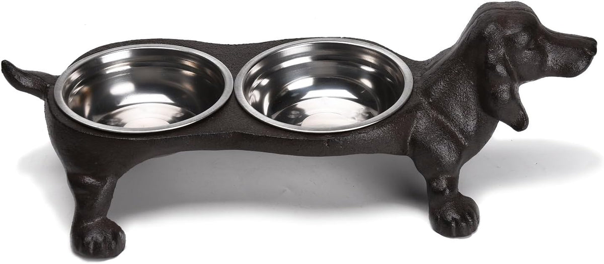 Cast Iron Dachshund Pet Feeder Stand with 2 Removable Stainless Steel Bowls