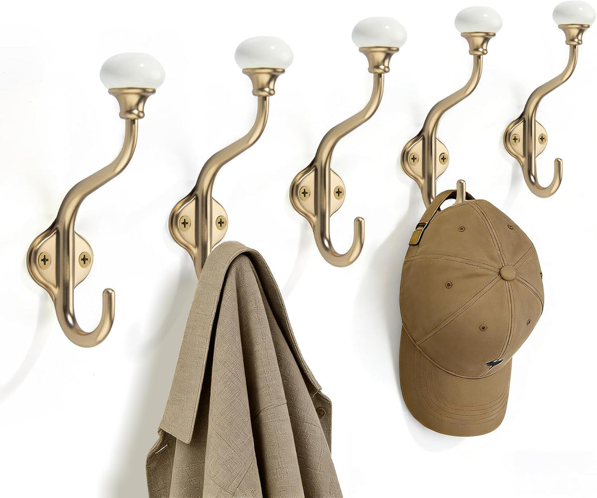 TUNNY Coat Hooks - 5 Pack Champagne Bronze Towel Hooks Robe Hooks Decorative Wall Hooks for Bathroom Bedroom Kitchen Towel Robe Clothes Cabinet Closet Bathroom Hardware
