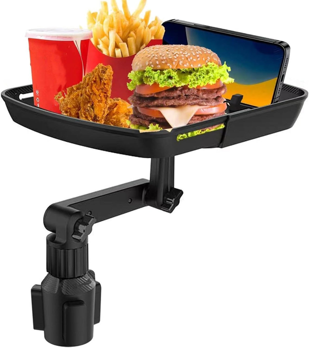 Kelofam Larger Cup Holder Tray, 10 Inch Car Food Tray for Eating, Detachable 3 in 1 Car Cup Holder Expander and 360° Rotating Car Cup Holder Tray Table with Phone Holder, Road Trip Essentials