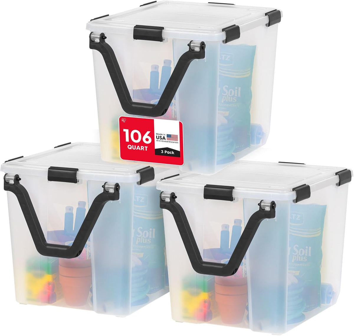 IRIS USA Storage Bins with Lids, Weatherpro Wheeled 106 Qt, Plastic, 3 Pack