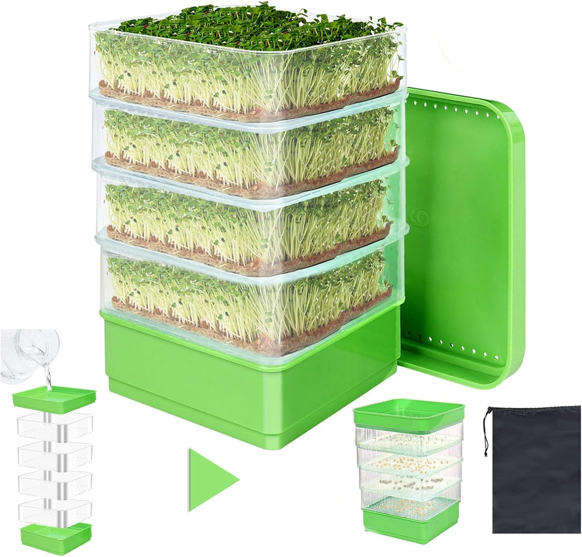 4-Tier Seed Sprouting Kit with Drain Holes and Drain Tray, Upgrade Stackable Microgreens Fresh Organic Bean Seed Sprouter Tray Ripple Soil-Free Sprouter Tray for Beans Alfalfa Seeds