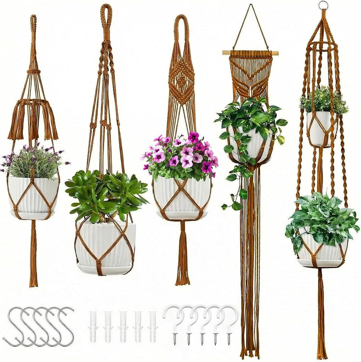 Macrame Plant Hangers 5Pack, Handmade Cotton Rope Hanging Planters