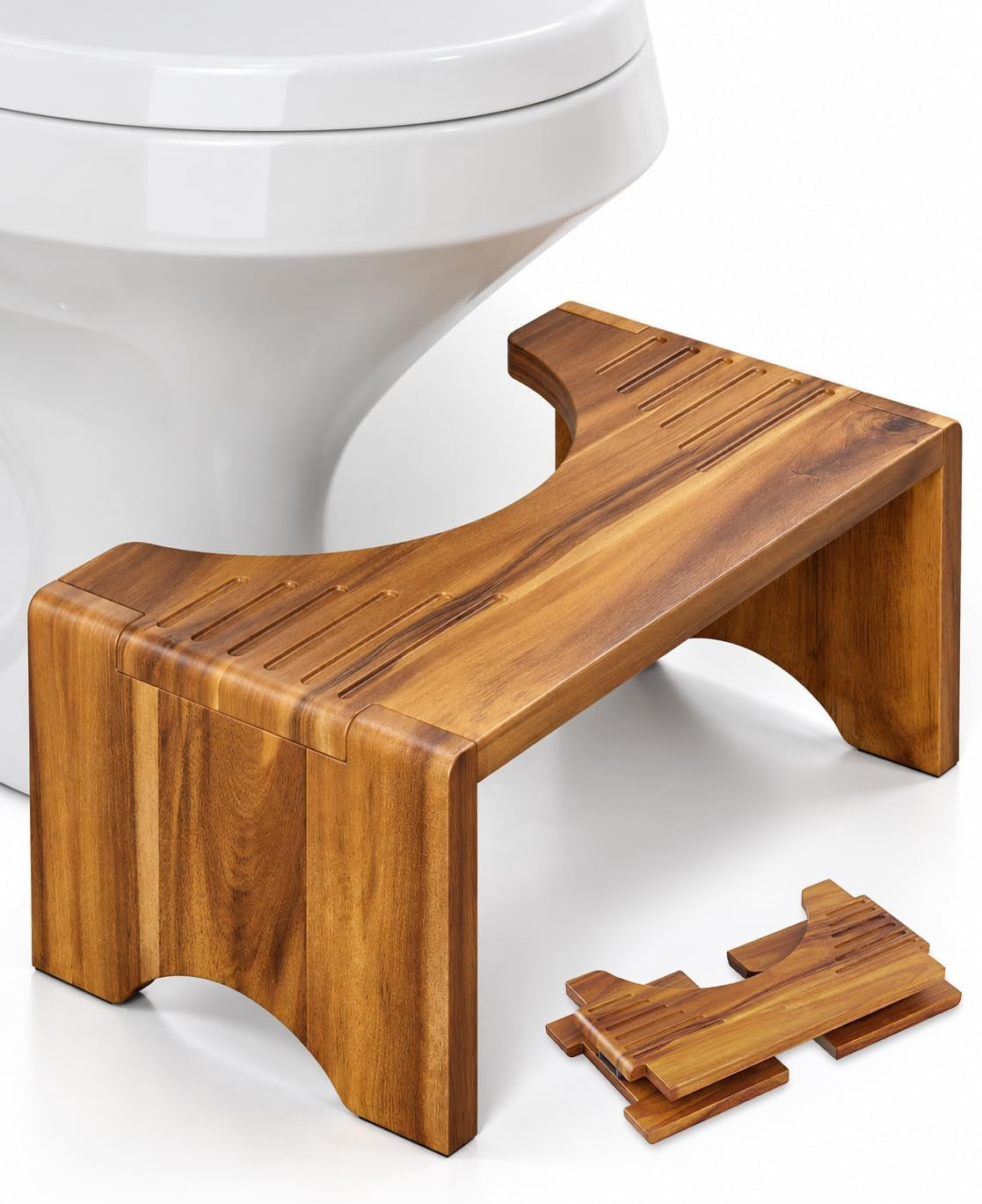 7" Acacia Wood Foldable Toilet Stool, Sturdy Wooden Poop Stool