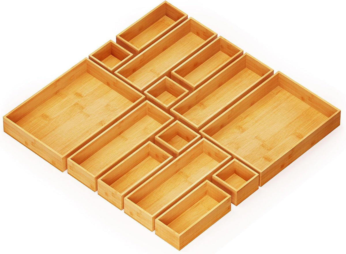Spaceaid 14-Piece Bamboo Drawer Organizer Storage Boxes Set, Wood Tray Junk Drawer Organizers Multi-Use Divider Bins for Kitchen, Bathroom, Office Desk and Makeup Organization (14 Pack, Natural)