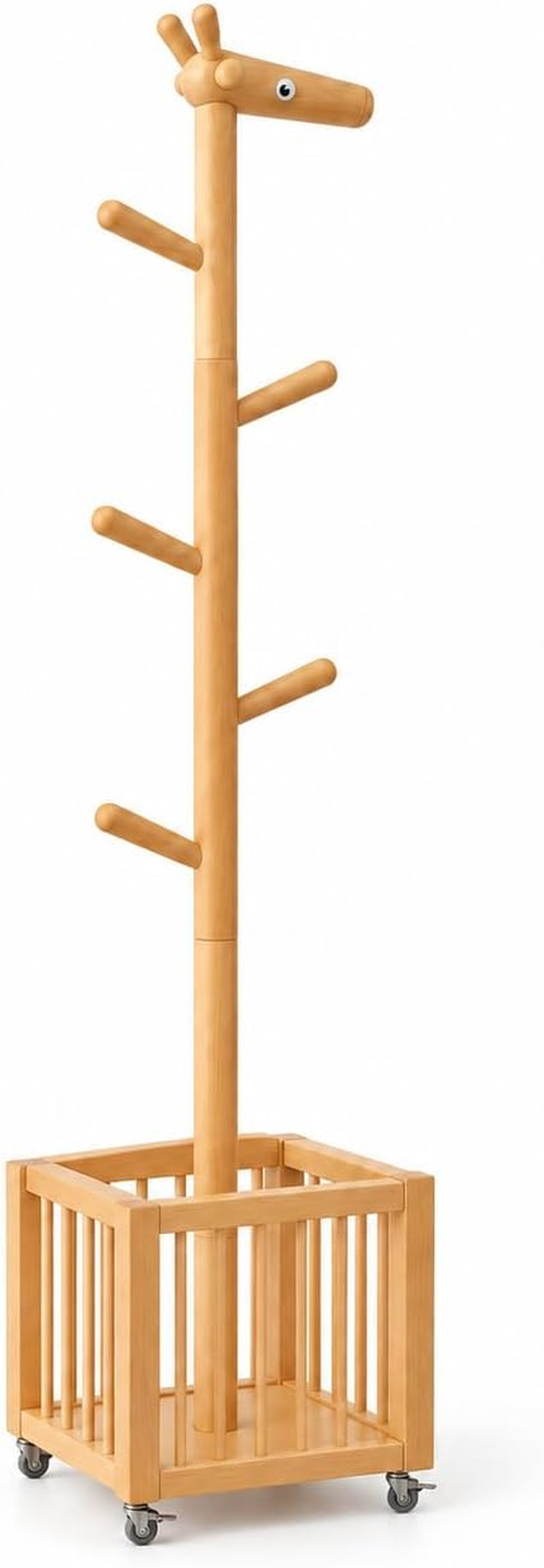 AQIMUELE Solid Rubberwood Coat Rack, Freestanding Coat Rack with 6 Hooks & Storage Basket, Wooden Clothes Rack for Hallway, Entryway, Bedroom, Kids Room