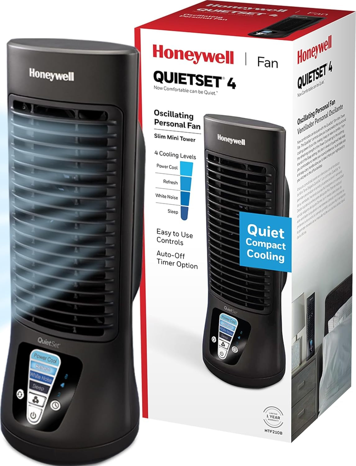 Honeywell Quietset Personal Table Fan, Oscillating Personal Desk Fan for Bedroom with Quiet Operation, 4 Levels of Power and Sound, Black, HTF210B
