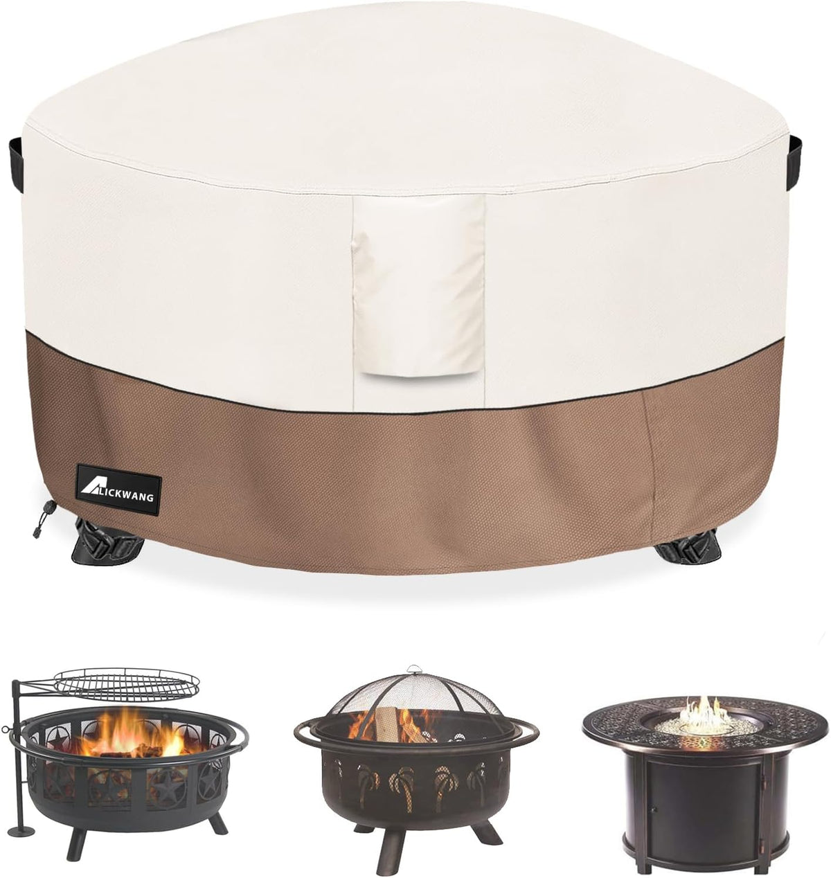 Fire Pit Cover round 60 Inch Waterproof,Outdoor Heavy Duty Durable 600D Tear-Resistant Fire Pit Table Cover,Patio round Firepit Cover 60" D X 24" H, Beige
