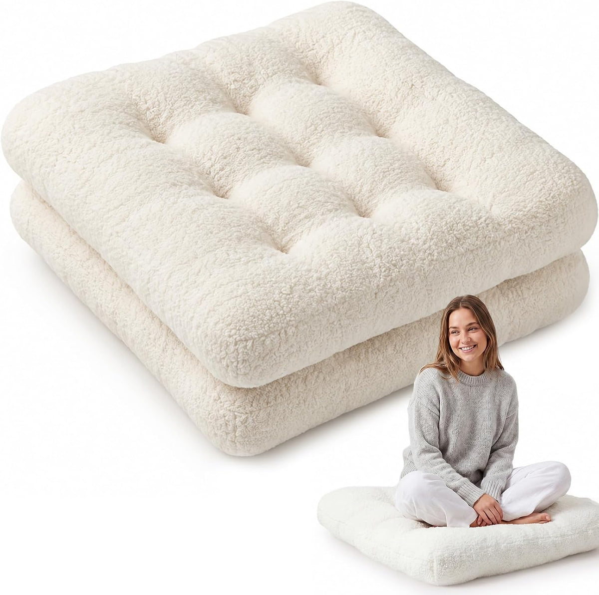 Jerify 2 Pcs 22''X22''X3.5'' Cream Boucle Floor Pillow Cushion for Adult