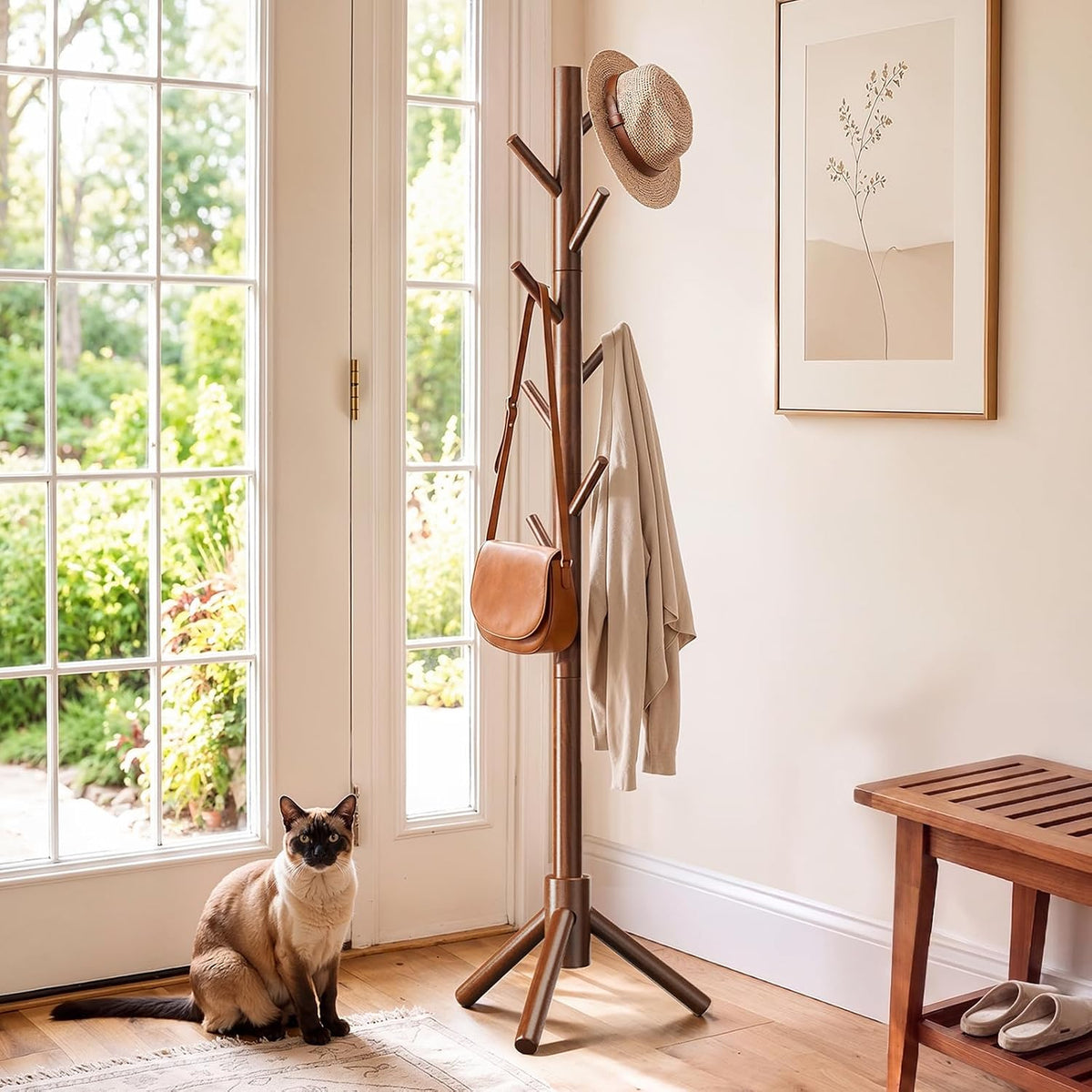 AMADA Solid Wooden Coat Rack Freestanding with 8 Hooks, Walnut