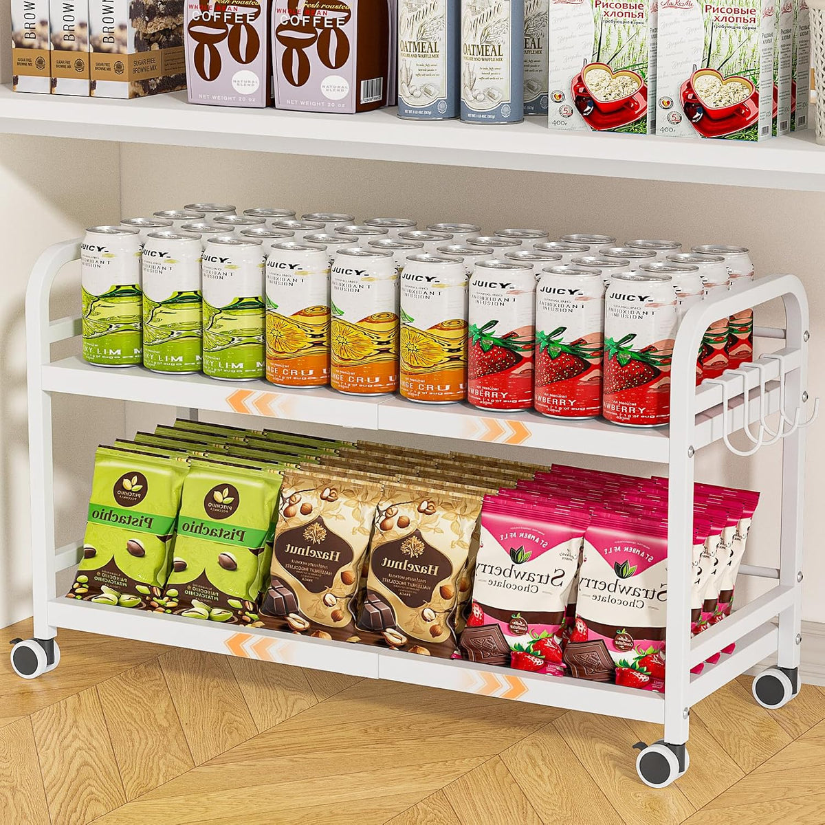 2-Tier Expandable Rolling Cart, Pantry Storage Cart with Wheels, Adjustable Rolling Pantry Floor Organizer