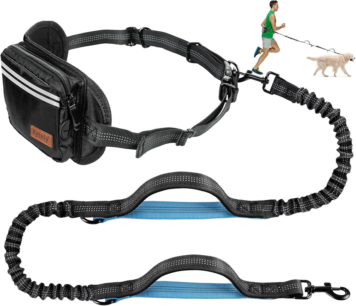 Kytely Hands Free Dog Leash with Zipper Pouch, Wide Padded Waist Dog Running Leash for Medium and Large Dogs, Dual Padded Handles, Retractable Bungee for Walking Jogging Training Hiking