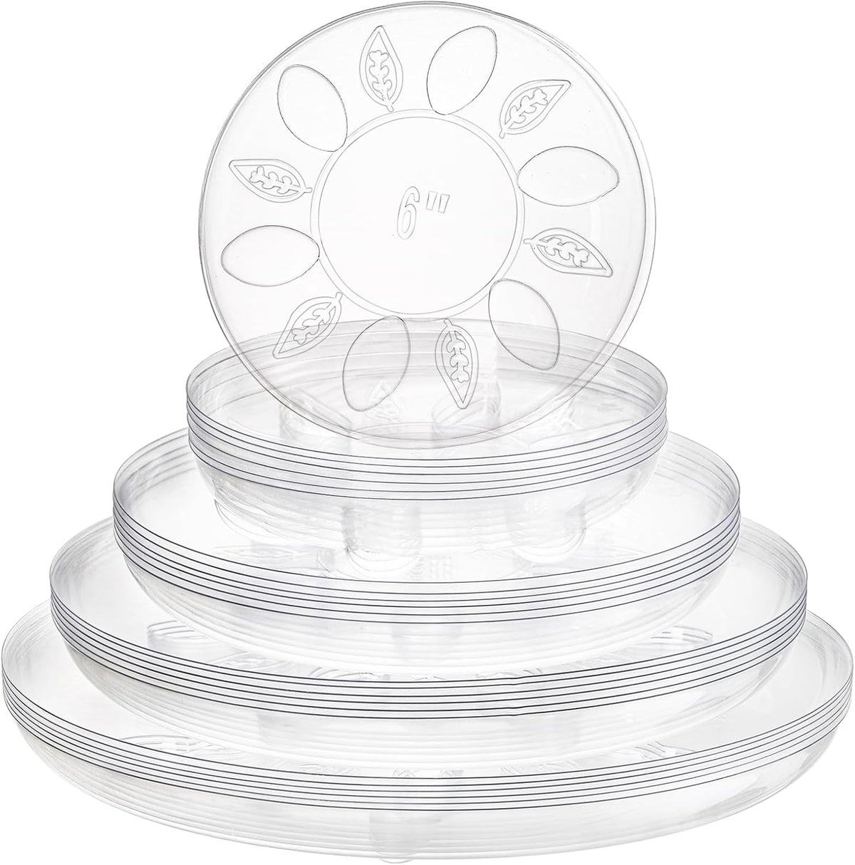 YOUEON 24 Pack Clear Plant Saucers with Feet, 6/8/10/12 Inch Heavy Duty Plastic Plant Drip Trays, Flower Pot Trays, Plant Water Catcher Tray for Indoor & Outdoor Plants, Round, 4 Sizes